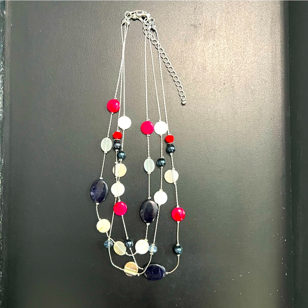 3 Strand Navy Blue, Red, Silver & Pearlized beaded 9 inch necklace